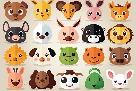 Cute animal faces for kids, poster for kids room. Generative ai