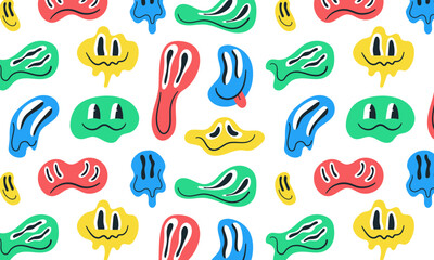 Distorted happy colorful smiles seamless pattern on white background. Funny unreal emoticons faces. Trippy vector design. Cartoon retro print for clothes, fabric, paper, cover, interior decor. 