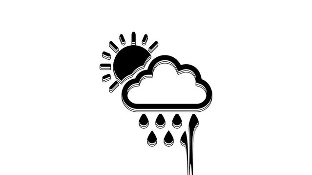 Black Cloud with rain and sun icon isolated on white background. Rain cloud precipitation with rain drops. 4K Video motion graphic animation