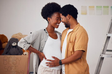 Love, pregnancy or black couple hug in home renovation, diy or house remodel together by apartment...