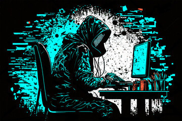 The hacker is sitting at the computer. Abstract digital illustration.