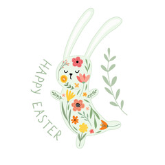 Cute Easter bunny with floral pattern hand written Happy Easter text. Holiday card banner in vintage style design element
