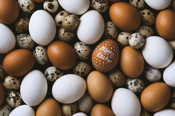 Happy easter written white chicken egg on pile of  eggs. Stack of brown and white chicken eggs with quail eggs