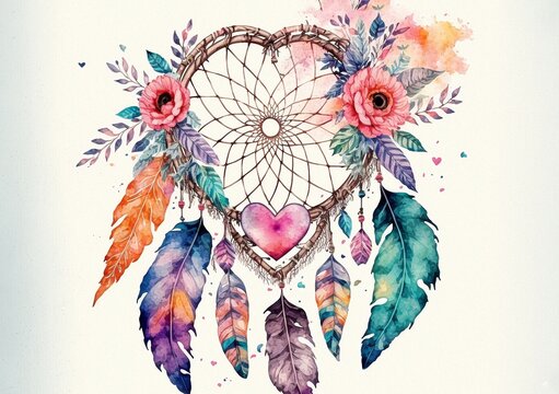 Watercolor heart-shaped dream catcher created with Generative AI Tools