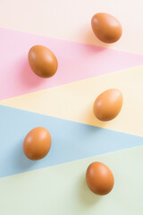 Brown chicken eggs on multi color background