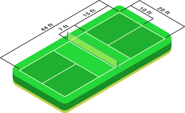 Pickleball court dimensions isometric diagram.