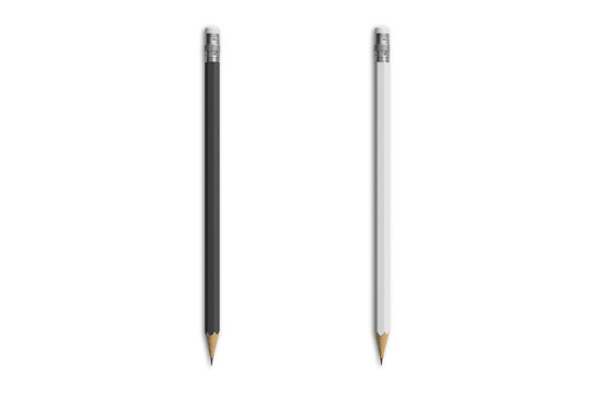 Black And White Pencil Mockup With Eraser Isolated On White Background. 3d Rendering.