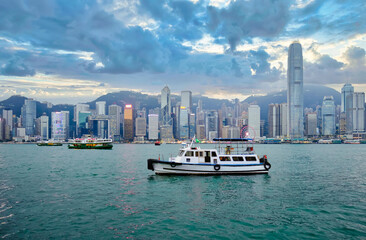 Fototapeta premium Skyscrapers on the shore of Victoria Harbor in Hong Kong.