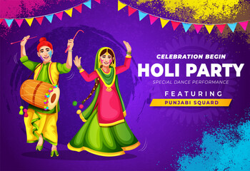 Dancing couple character on the occasion of Holi celebration. Party header or banner or template design for advertising concept. Powder color gulal for Happy Holi Background.