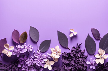 Flowers and leaves on purple background and copy space. Generative AI.