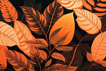 Orange plant leaves background, floral tropical pattern for wallpaper (AI generated)
