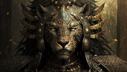 Jaguar or tiger Aztec warrior, Aztecs symbols. Generative AI.