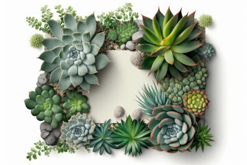 Succulents on a white background, in the center of a sheet of paper. AI generative.