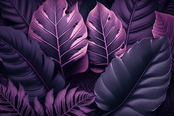Purple plant leaves background, floral tropical pattern for wallpaper (AI generated)
