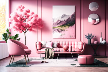 
A cozy luxury living room in a pink color scheme, beautiful architecture with modern leather furniture, paintings on the wall and fresh flowers (generative ai) magazine shot