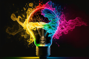 glowing bulb in colorful smoke, generative ai