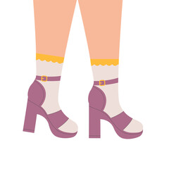 Women legs in high heeled shoes. Pair of female, girls shoes. Stylish footwear, high socks. Retro fashion, old style. Trendy vector illustration.