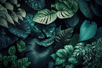 Green plant leaves background, floral tropical pattern for wallpaper (AI generated)