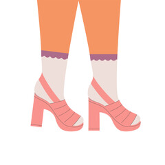 Women legs in high heeled shoes. Pair of female, girls shoes. Stylish footwear, high socks. Retro fashion, old style. Trendy vector illustration.