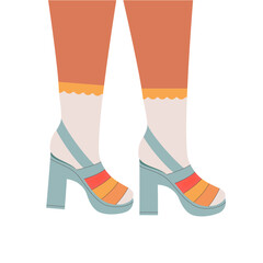 Women legs in high heeled shoes. Pair of female, girls shoes. Stylish footwear, high socks. Retro fashion, old style. Trendy vector illustration.
