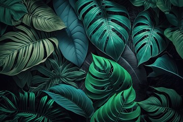 Green plant leaves background, floral tropical pattern for wallpaper (AI generated)