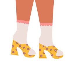 Women legs in high heeled shoes. Pair of female, girls shoes. Stylish footwear, high socks. Retro fashion, old style. Trendy vector illustration.