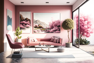 
A cozy luxury living room in a pink color scheme, beautiful architecture with modern leather furniture, paintings on the wall and fresh flowers (generative ai) magazine shot