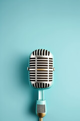 Retro style microphone on light blue background. Generative AI.