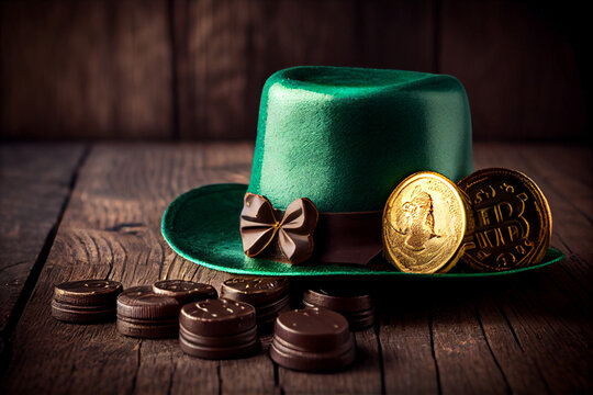 Happy St Patricks Day leprechaun hat with gold chocolate coins on vintage style green wood background, AI Generated