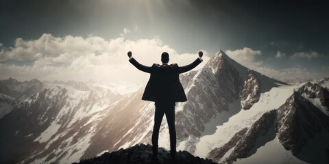 business man on top of mountain. success concept. generative ai