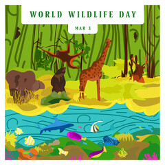 World Wildlife Day - Illustration of Wildlife animals and plants in their natural ecosystem fashioned to celebrate in a card post.