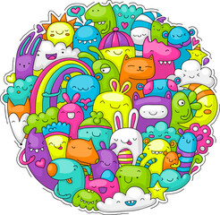 Happy bunch of colorful creatures doodle