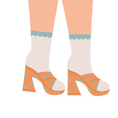 Women legs in high heeled shoes. Pair of female, girls shoes. Stylish footwear, high socks. Retro fashion, old style. Trendy vector illustration.