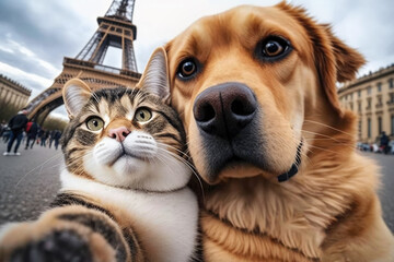 cat and dog taking a selfie shot in eiffel tower in france. generative ai - obrazy, fototapety, plakaty