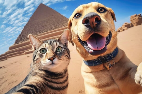 cat and dog taking a selfie shot in egypt pyramids. generative ai