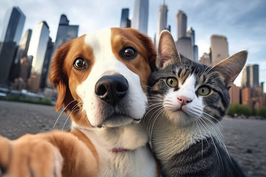 cat and dog taking a selfie shot in new york. generative ai