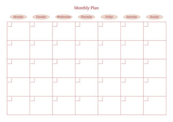 A simple style monthly planner. Note, scheduler, diary, calendar planner document template illustration.