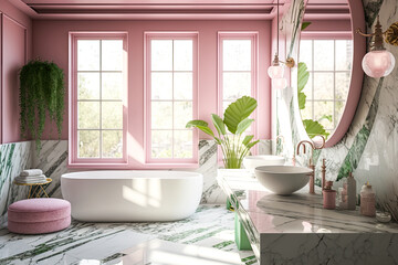 
A spring-themed pink colorschemed luxury noble bathroom with big bright tiles, massive windows, and fresh spring flowers and plants, minimalistic architecture with a sink, mirror and standalone batht