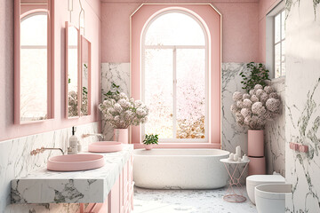 
A spring-themed pink colorschemed luxury noble bathroom with big bright tiles, massive windows, and fresh spring flowers and plants, minimalistic architecture with a sink, mirror and standalone batht
