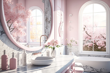 A spring-themed pink colorschemed luxury noble bathroom with big bright tiles, massive windows, and fresh spring flowers and plants, minimalistic architecture with a marble sink, mirror, and standalon