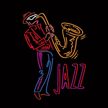 Jazz saxophone player colorful on a black background, poster concept design template. Vector illustration