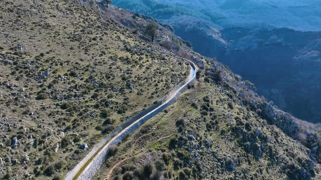Aerial view from a drone of the landscape around the Juncal channel under Arma&ntilde;&oacute;n and Los Jorrios near the Juncal reservoir and the Las Nieves hermitage. Angostina. Cantabria. Spain. Europe