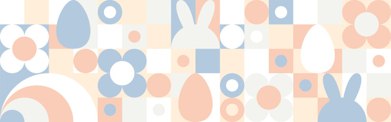 Cover templates for spring holiday Easter with seamless texture. Mosaic with geometric shapes in the style of a Scandinavian pattern, colorful trendy background with eggs and hares.