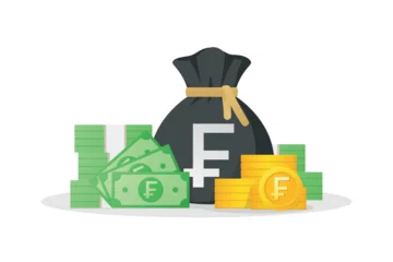 Foto op Canvas Frans money symbol. Money bag, banknotes and gold coins with Swiss franc sign. Swiss franc currency symbol. Flat style vector illustration white background. © Aliza Art Studio