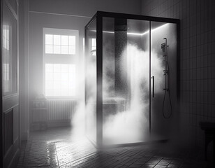 A Steamy Shower in a Modern Bathroom in Black and White | Generative AI