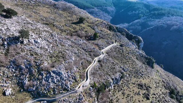 Aerial view from a drone of the landscape around the Juncal channel under Arma&ntilde;&oacute;n and Los Jorrios near the Juncal reservoir and the Las Nieves hermitage. Angostina. Cantabria. Spain. Europe