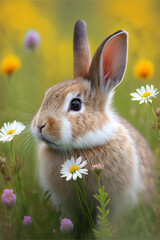 Fototapeta premium rabbit in the grass with flowers Generative AI