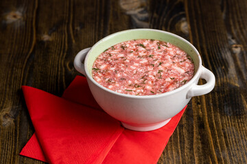 Borscht cooked with red beetroot with sour cream