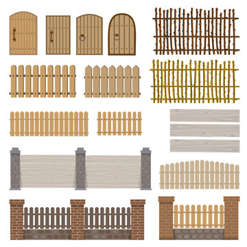 Wooden fence elements, wicker fence, pillars, wooden gates and doors. Vector illustration.