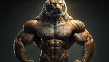 Masculine and very muscular tiger-man. Testosterone concept. Gym wallpaper. Generative AI.